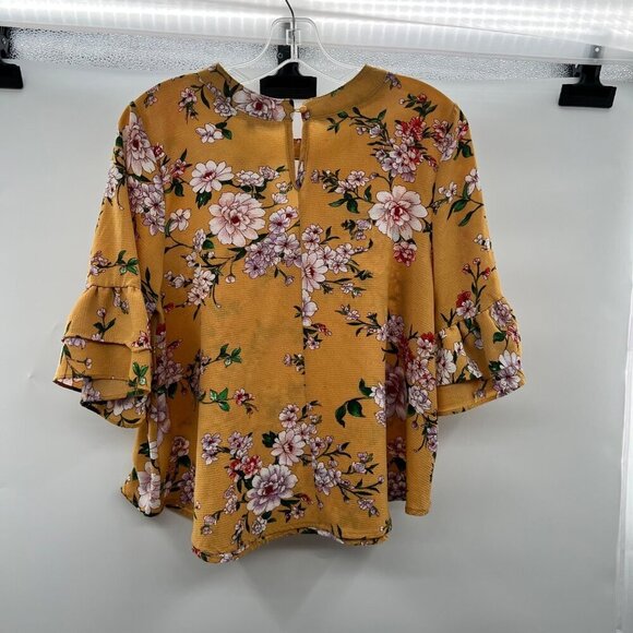 Kirious Women's Floral Cut Out Neck Top Mustard/Multi Short Ruffle Sleeve Large - Picture 6 of 9